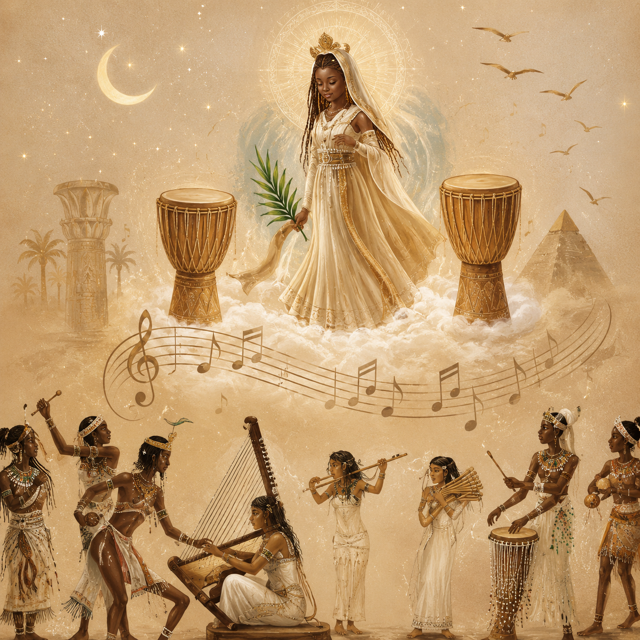 Representação artística de Iyê Unyejima, Ayan no Brasil, entre tambores e músicos