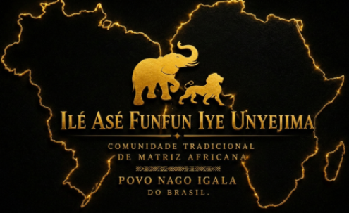 Logotipo dos Igalas no Brasil: elefante e leão entre os mapas do Brasil e da África