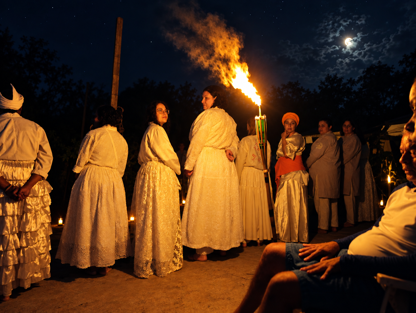 Participantes e tocha ritual na louvação a Iyê Unyejima, Bertioga, 2022